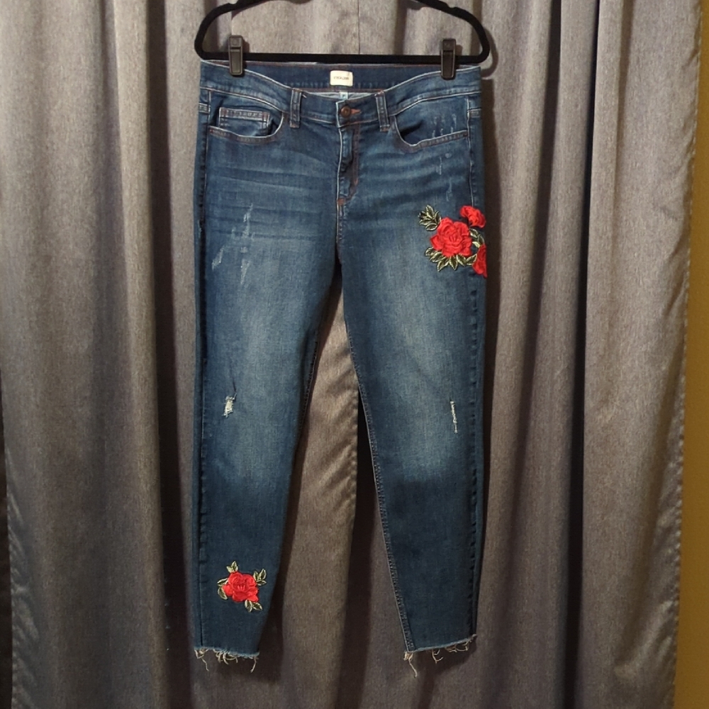 Sneak Peek Dark Blue Skinny Jeans with Red Rose Embroidery Sexy Boyfriend Cut